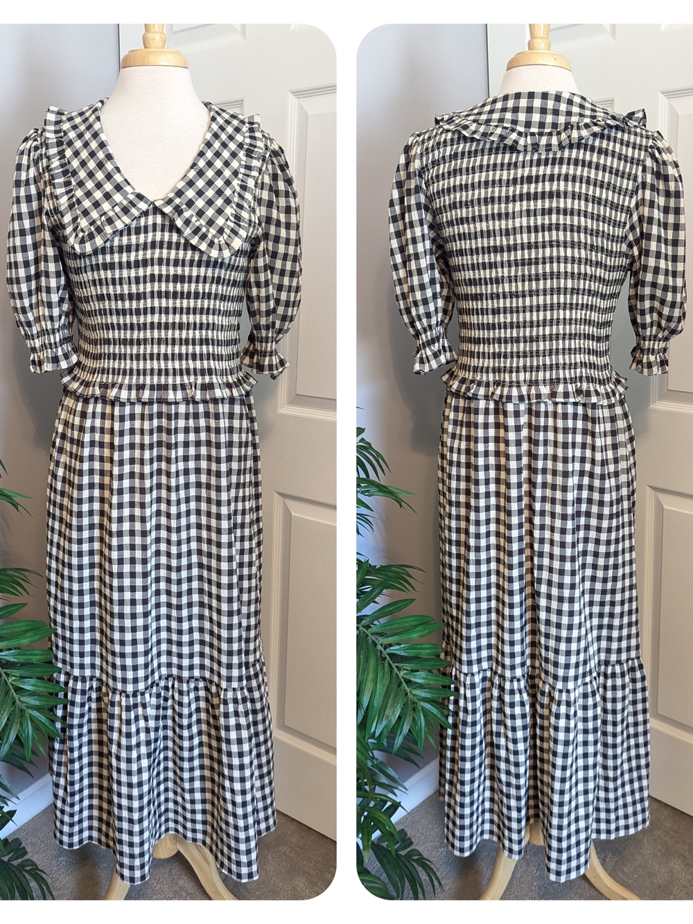 Moon River Black & White Gingham Collared Puff Sleeve Maxi Dress Cottagecore L